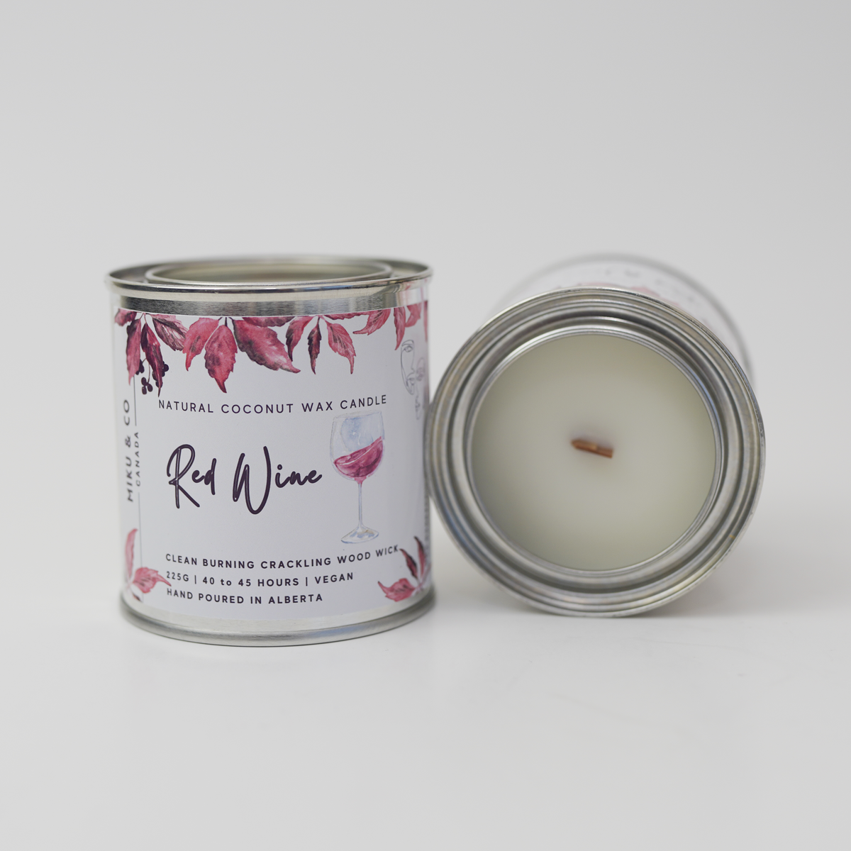 Miku & CO Canada Red Wine scented natural coconut wax candle in metal tin with crackling wood wick