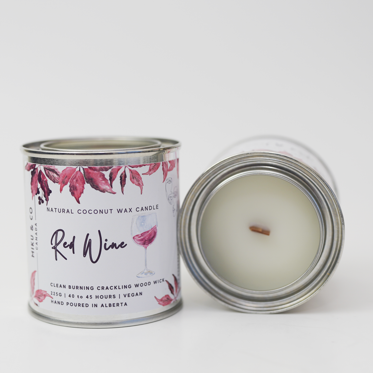 Miku & CO Canada natural coconut wax red wine scented candle with wood wick in metal tin